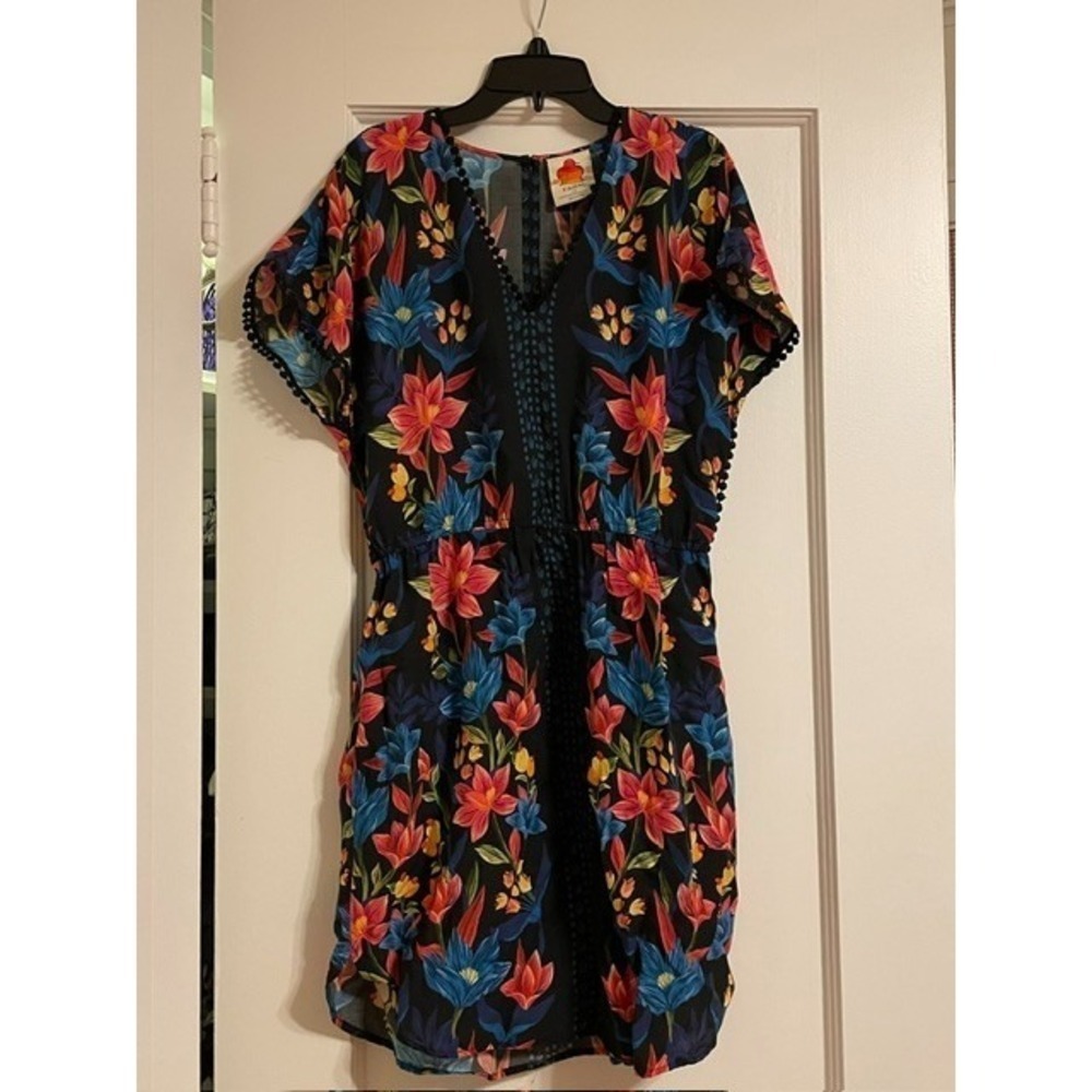 FARM RIO for Anthropologie Black Tropical Floral Pom Pom Trim Dress S Small